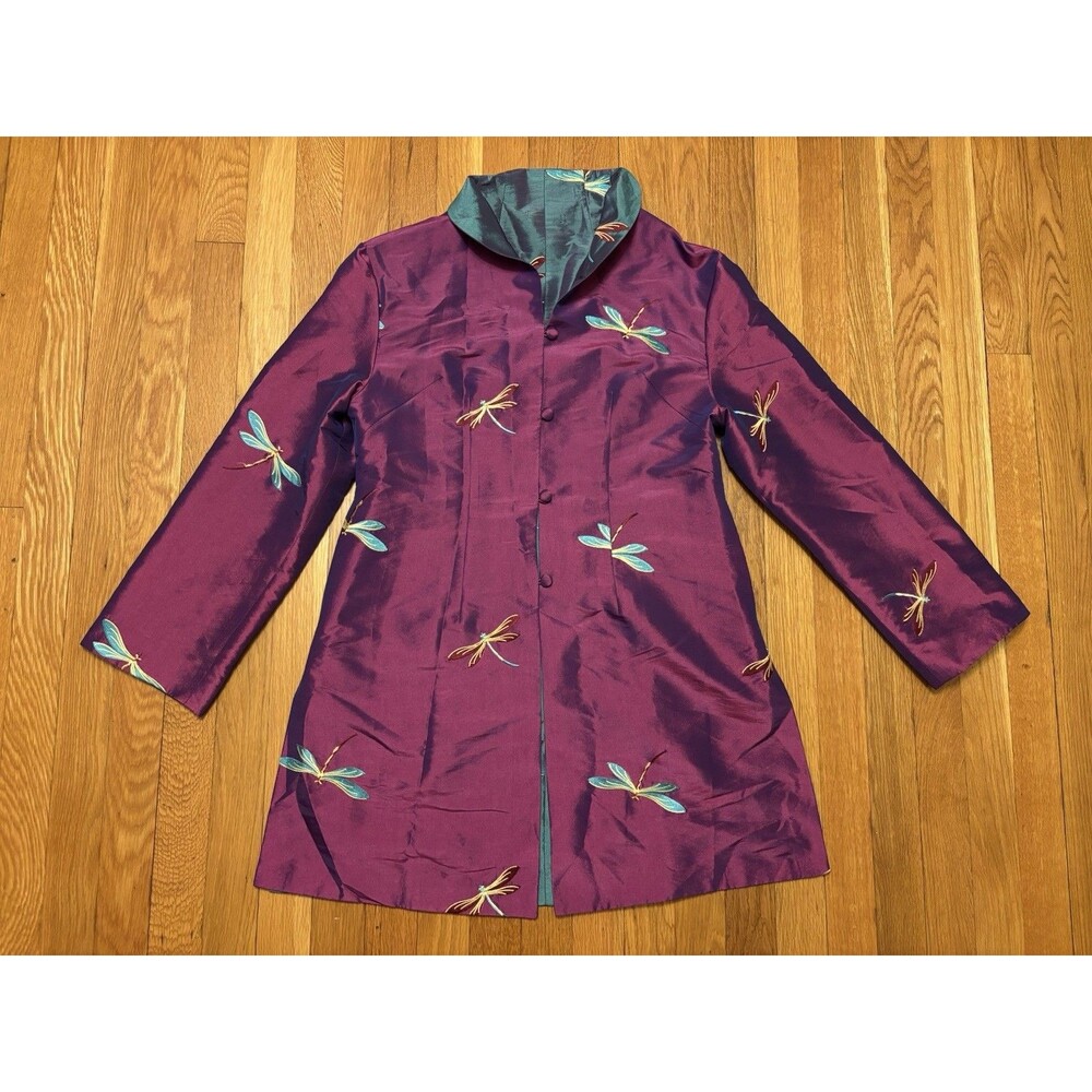 Vintage Reversible Dragonfly Embroidered Purple Blue Button Up Jacket Long M/L